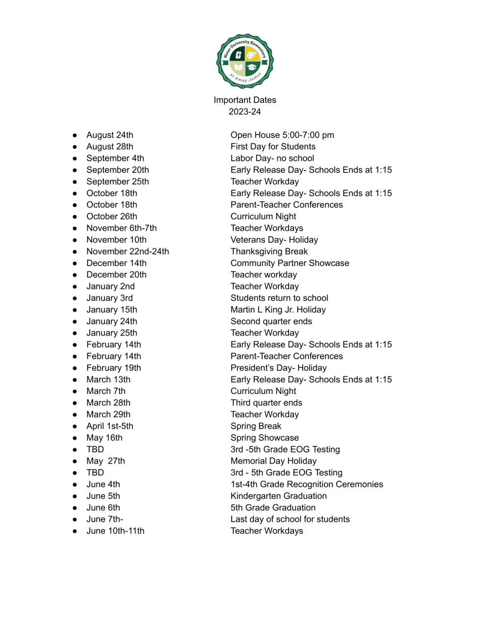 Important dates of the school year.